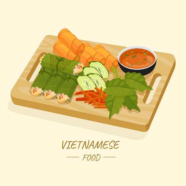 Ilustração de comida vietnamita de design plano desenhado à mão
