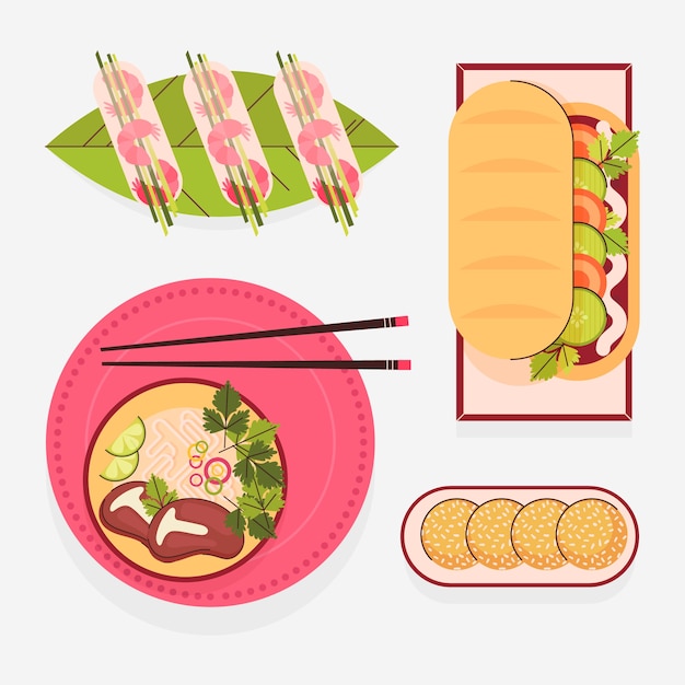 Ilustração de comida vietnamita de design plano