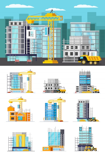 Vetor grátis ilustração de construção e conjunto de edifícios isolados