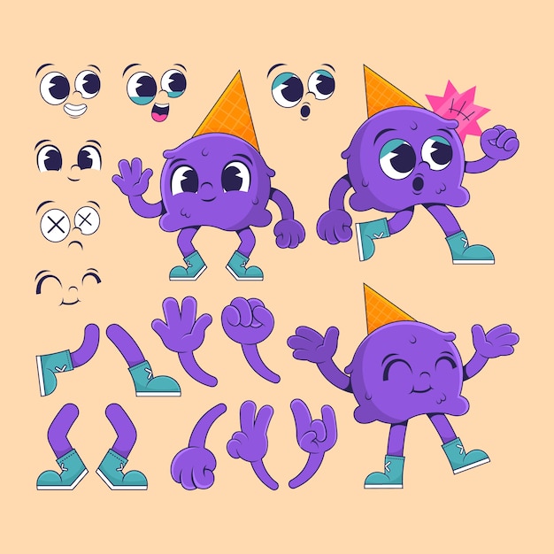 Ilustração de construtor de personagens de desenho animado retro desenhada à mão