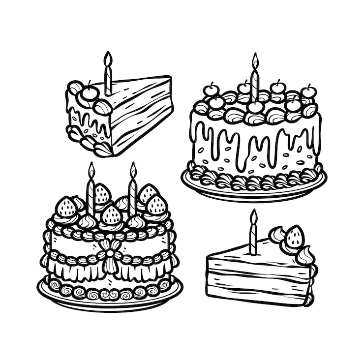 Vetor grátis ilustração de contorno de bolo de aniversário desenhada à mão