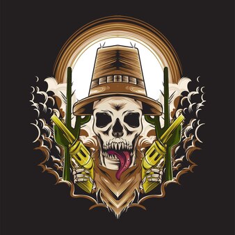Ilustração de crânio de caubói com arma para design e impressão de camisetas
