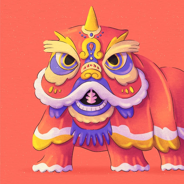 Ilustração de dança de leão de ano novo chinês em aquarela