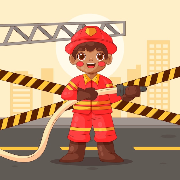 Vetor grátis ilustração de desenho animado de bombeiro desenhada à mão