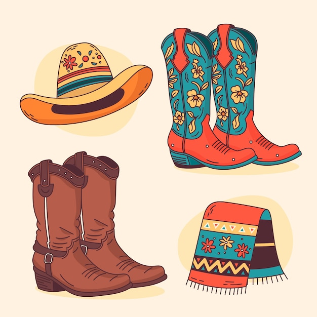 Vetor grátis ilustração de desenho animado de botas de cowgirl desenhada à mão