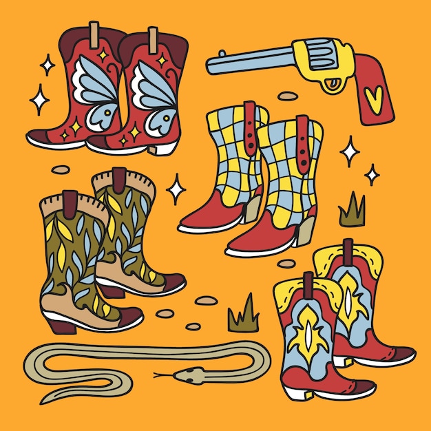 Ilustração de desenho animado de botas de cowgirl desenhada à mão