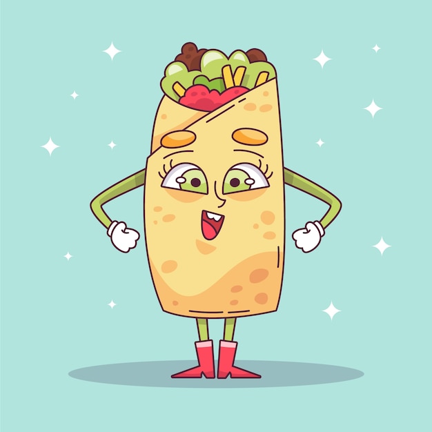Ilustração de desenho animado de burrito desenhado à mão