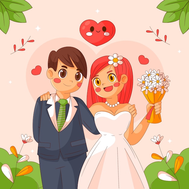 Vetor grátis ilustração de desenho animado de casamento desenhada à mão