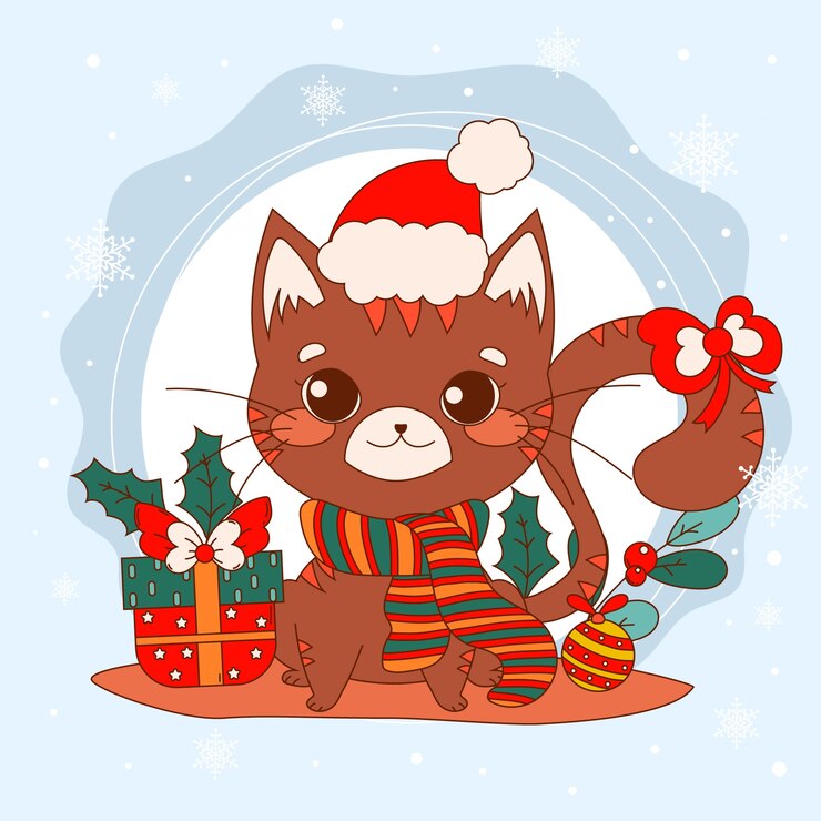 Vetor grátis ilustração de desenho animado de gato desenhado à mão para a celebração da temporada de natal