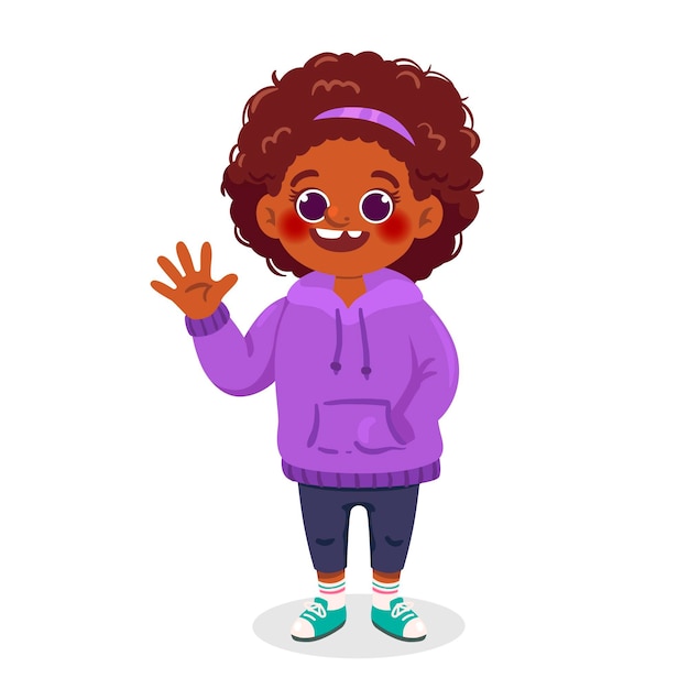 Ilustração de desenho animado de menina negra acenando