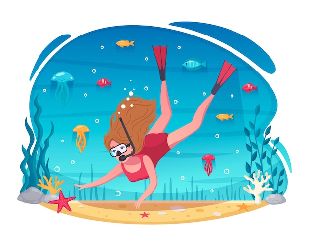 Vetor grátis ilustração de desenho animado de mergulho com snorkel de mulher