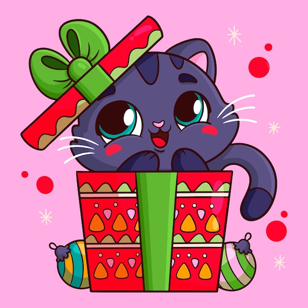 Vetor grátis ilustração de desenho animado de natal desenhada à mão com gato na caixa de presente