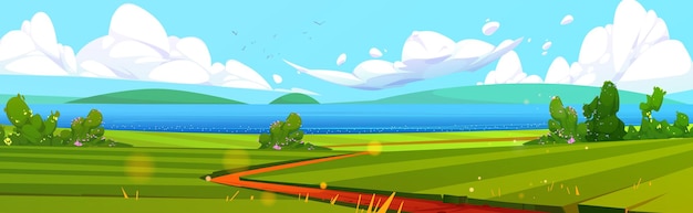 Vetor grátis ilustração de desenho animado de paisagem à beira-mar de verão