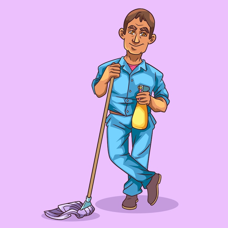 Vetor grátis ilustração de desenho animado de pessoa de limpeza desenhada à mão