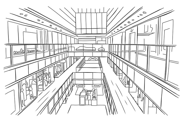 Vetor grátis ilustração de desenho de centro comercial desenhada à mão