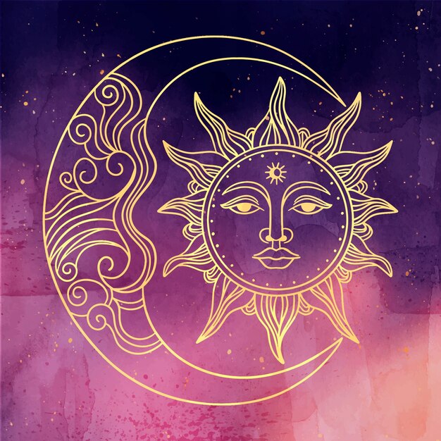 Ilustração de desenho de sol e lua em aquarela