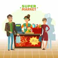 Vetor grátis ilustração de desenhos animados de caixa de supermercado