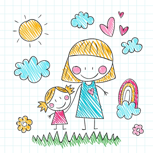 Vetor grátis ilustração de desenhos de crianças de dia das mães desenhadas à mão