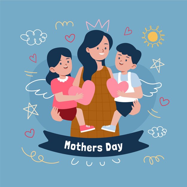 Ilustração de desenhos de crianças de dia das mães desenhadas à mão