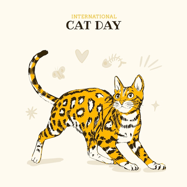 Ilustração de dia internacional do gato desenhada à mão com gato