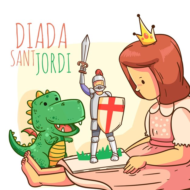 Ilustração de diada de sant jordi com cavaleiro, dragão e princesa