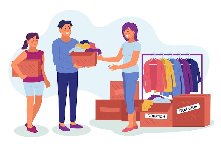 Vetor grátis ilustração de doação de roupas desenhada à mão plana com pessoas