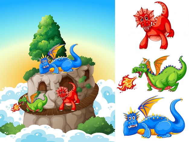 Ilustração de dragões na torre