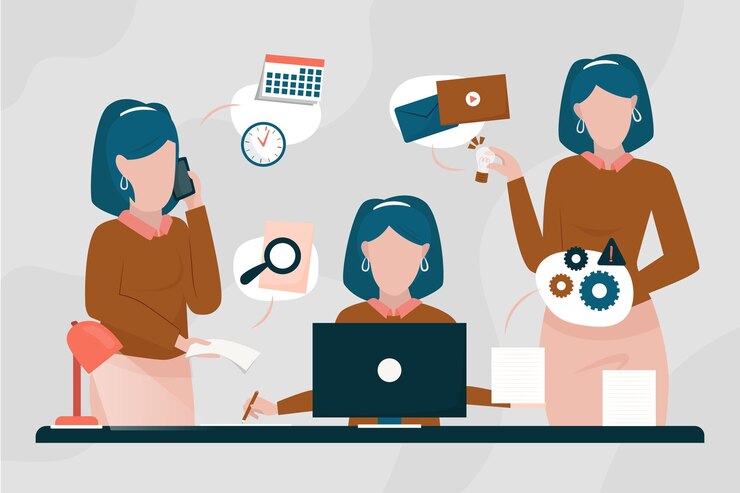 Vetor grátis ilustração de empresária multitarefa desenhada à mão plana