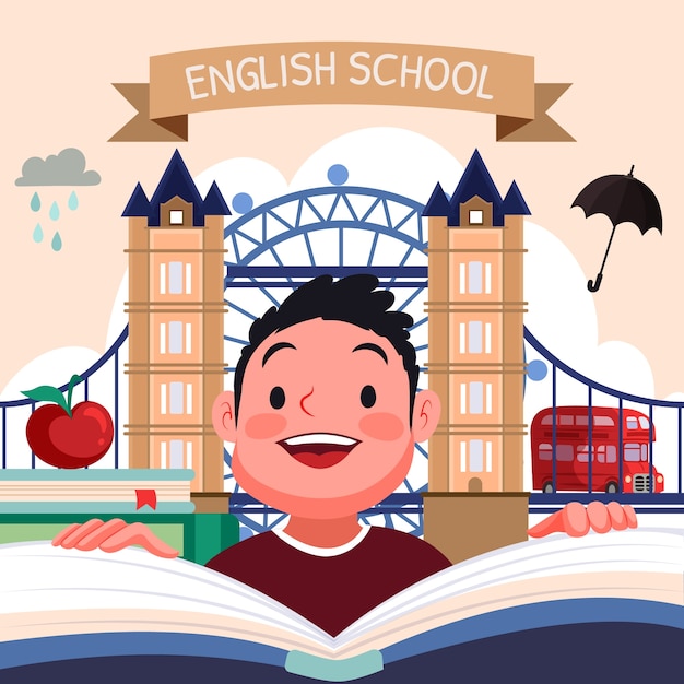Ilustração de escola de inglês desenhada à mão de estilo simples