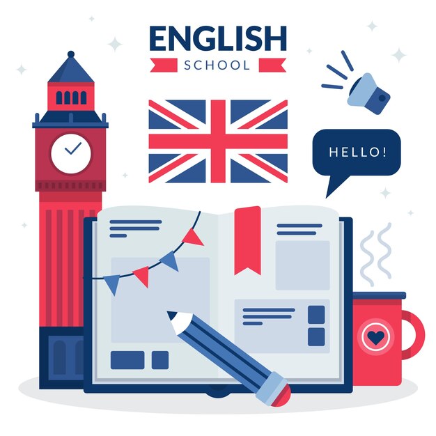 Ilustração de escola de inglês desenhada à mão