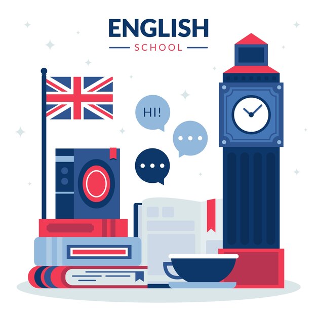 Ilustração de escola de inglês desenhada à mão