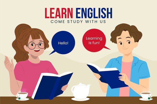 Ilustração de escola de inglês desenhada à mão