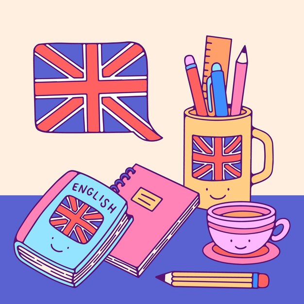 Ilustração de escola de inglês desenhada à mão