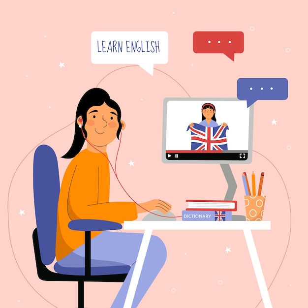 Ilustração de escola de inglês desenhada à mão