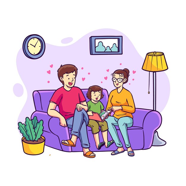Ilustração de família desenhada de mão no sofá