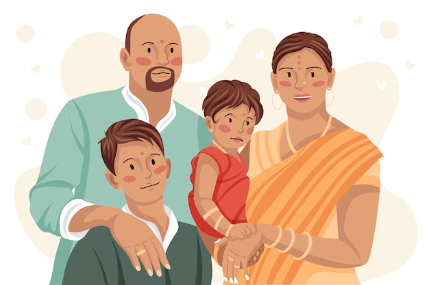 Ilustração de família indiana desenhada à mão