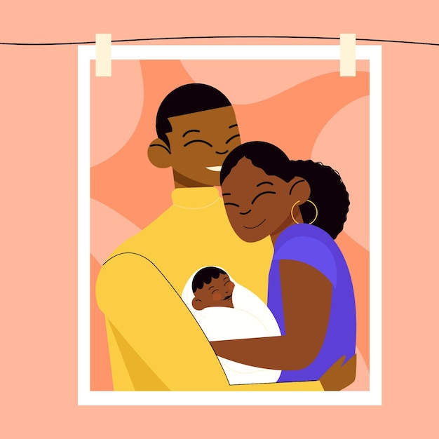 Ilustração de família negra desenhada à mão plana com um bebê