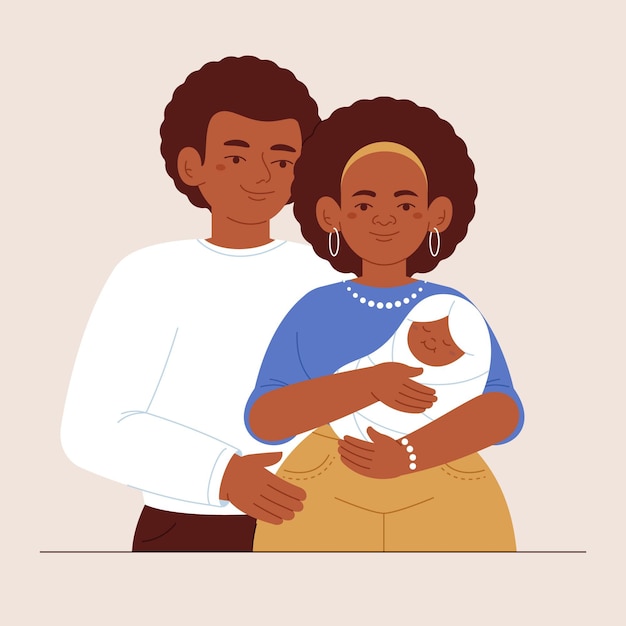 Ilustração de família negra desenhada à mão plana com um bebê