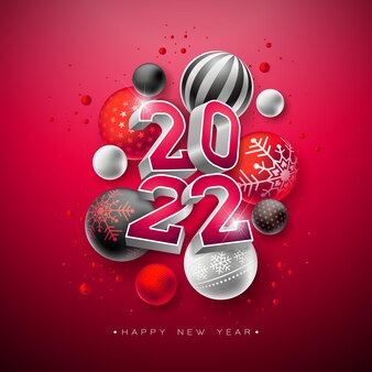 Ilustração de feliz ano novo com número d e bola de vidro de ornamento em vetor de fundo vermelho natal