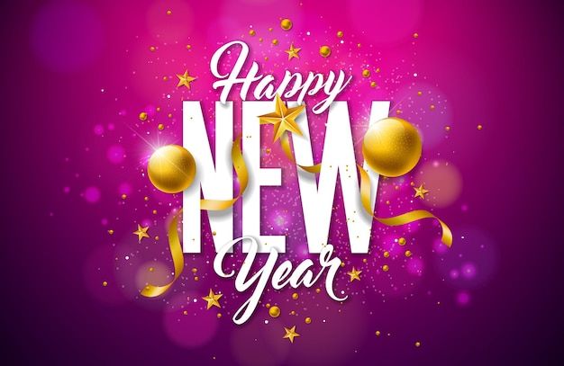 Ilustração de feliz ano novo de 2022 com letras de tipografia de lâmpada 3d e bola de natal Vetor Premium