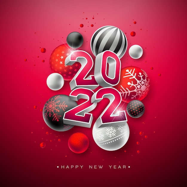 Ilustração de feliz ano novo de 2022 com número 3d e bola de vidro de ornamento em fundo vermelho Vetor Premium