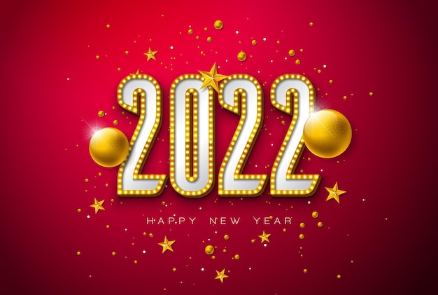 Ilustração de feliz ano novo de 2022 com número de lâmpada 3d e bola de natal em fundo vermelho