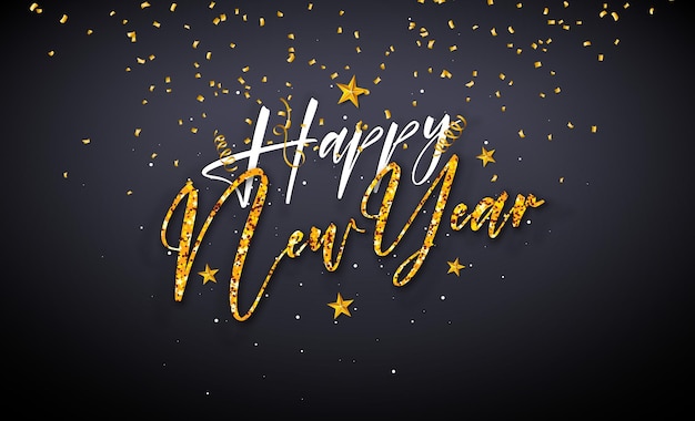 Ilustração de feliz ano novo de 2023 com carta manuscrita brilhante de ouro brilhante e confete caindo
