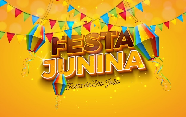 Ilustração de festa junina com bandeiras do partido, lanterna de papel e letra 3d em fundo amarelo. brasil junho festival design para cartão de felicitações, convite ou cartaz de férias.