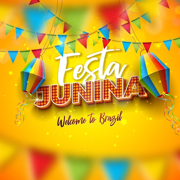 Ilustração de festa junina com bandeiras e lanterna de papel em fundo amarelo Brasil junho Saint John
