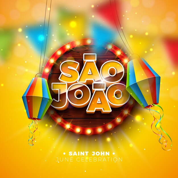 Ilustração de festa junina com lanterna de papel de bandeiras de festa e 3d São João Tex na lâmpada outdoor