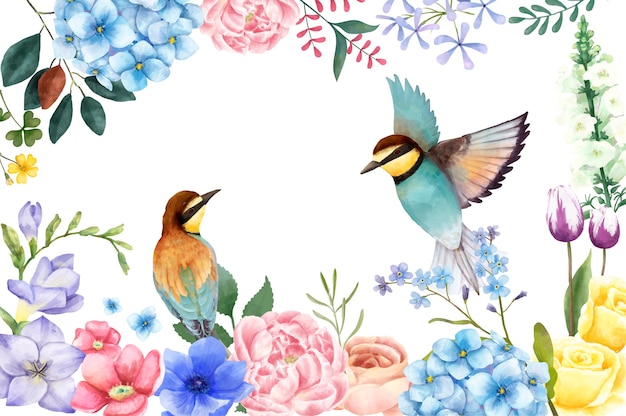 Ilustração de flores e pássaros pintados à mão