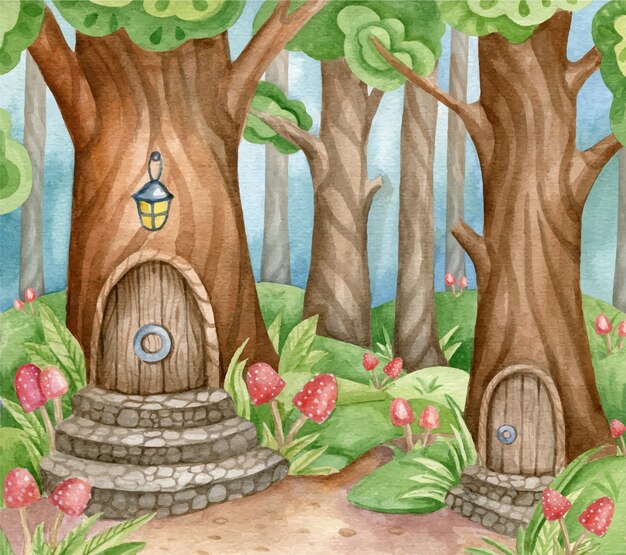 Ilustração de floresta encantada em aquarela