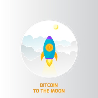 Ilustração de foguete que voa sobre nuvens com ícone bitcoin