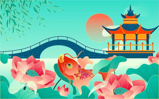 Ilustração de fundo de lótus de koi de maré nacional desenhada à mão cartaz de construção antiga de estilo chinês